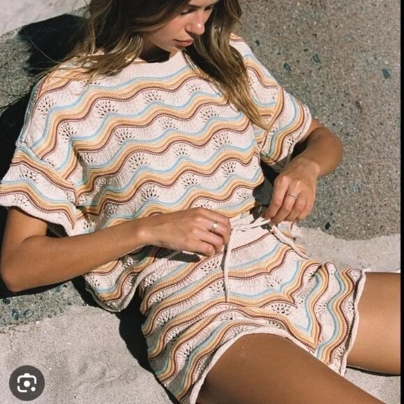 l*space Pants - NWT L*SPACE Make Waves shorts crochet knit rainbow beige cover up swim resort